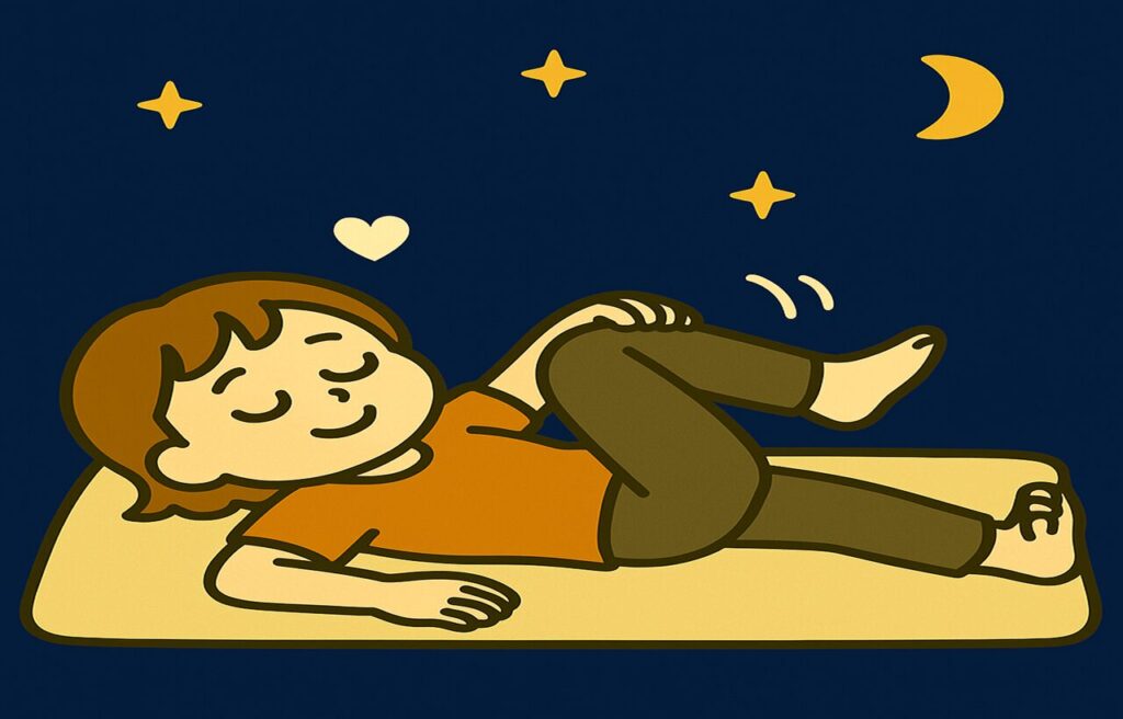 夜の部屋で布団の上に座り、リラックスした様子でストレッチをする女の子「すずちゃん」。表情は穏やかで、就寝前の落ち着いた雰囲気。